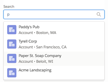 Screenshot of a 'Search' combobox with the letter 'p' typed in its input field. A dropdown list shows 4 Account search results that match the search criteria.