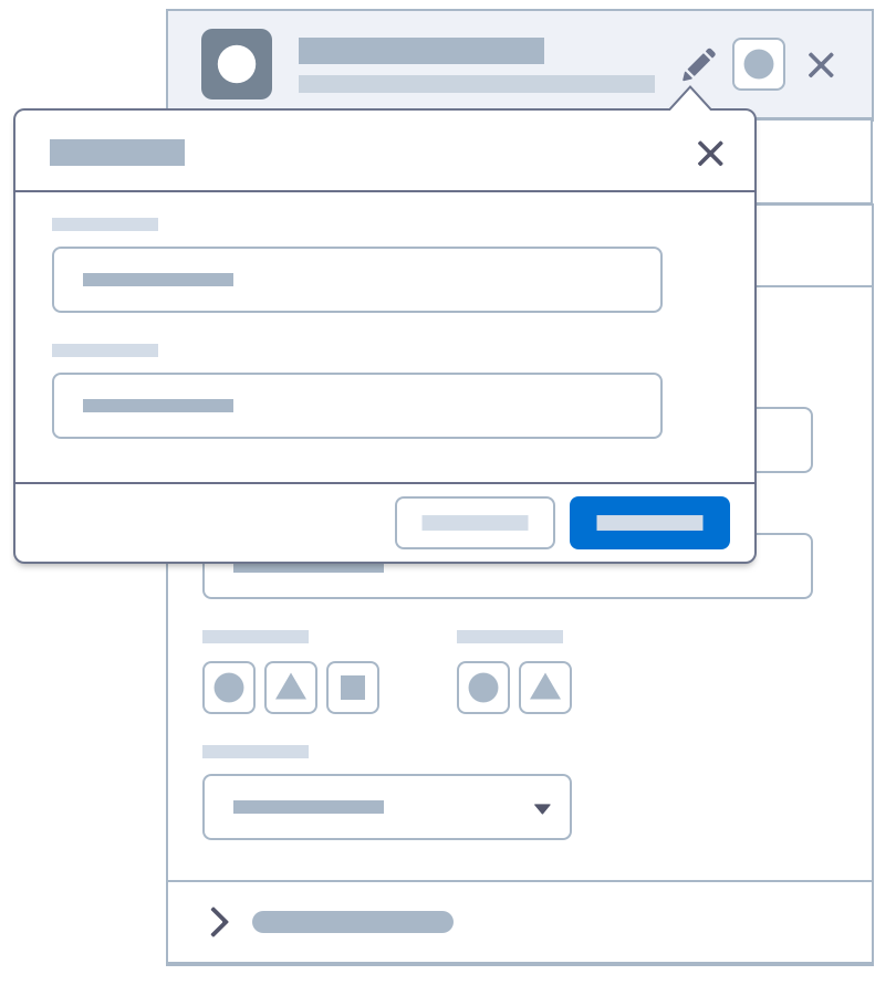 Wireframe showing an example of a popover for editing the information in a panel.